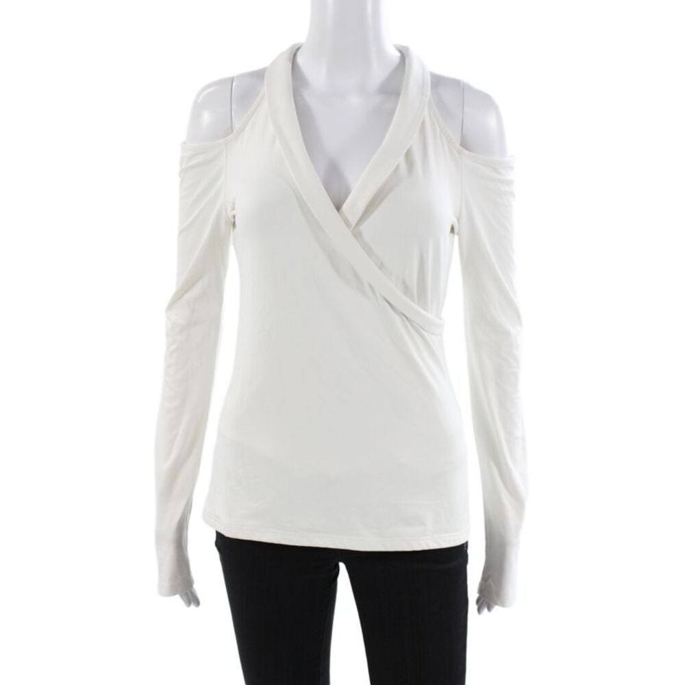 Anne Fontaine Women White V-Neck Jersey Blouse Long Sleeve Size M